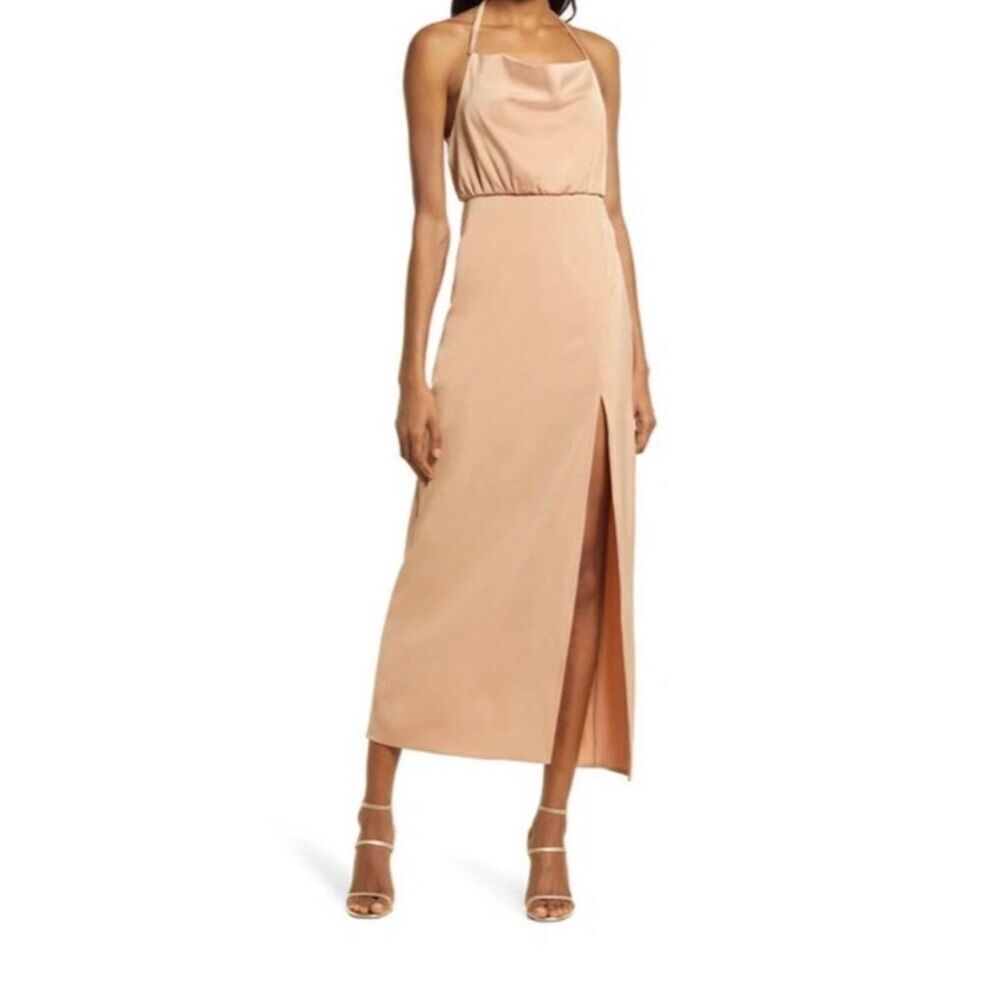 Lulus It's Fate Halter Sati Midi Dress Womens Square Neck Draped Tan Medium NWT